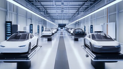 Obraz premium A state-of-the-art autonomous vehicle testing facility, equipped with self-driving cars and digital control systems, High-tech style
