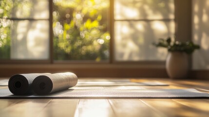 A serene meditation room with yoga mats and relaxation aids, Meditation tools arranged for mindfulness practice, Zen retreat style