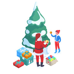 Santa Claus decorating xmas tree. Isometric Christmas character with little kid decorating fir tree, winter holidays preparation 3d vector illustration. Christmas tree decoration