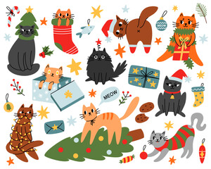 Merry Christmas. Set of cats celebrating winter holiday. Cute cats wearing costumes, climbing Christmas tree and being naughty in flat cartoon style. Elements are isolated.