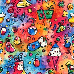 Naklejka premium Abstract seamless pattern Christmas watercolor big colorful doodles