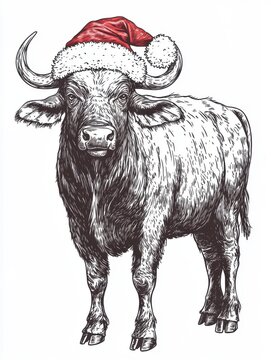 recommend clip art: Black and white Vintage engraved art of a full-body water buffalo with a Christmas Santa hat, isolated on white background, ink sketch illustration, simple vector art design, highly detailed line art