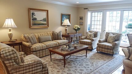 stylish colonial living room featuring comfortable plaid sofas, elegant lamps, and wooden coffee table. warm ambiance is enhanced by natural light streaming through windows, creating welcoming