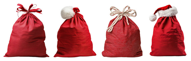 Four festive red gift bags with Christmas decorations on a white background.
