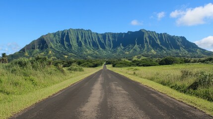 Naklejka premium A long, empty road leading towards towering green mountains, set under a bright blue sky, capturing a sense of adventure.