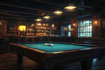 A pool or billiards table in a pool hall or bar with bedcap. Generative Ai