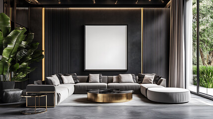 Sophisticated living room featuring dark walls, sleek sectional sofa, and stylish coffee table. space is enhanced by natural light and greenery, creating modern and inviting atmosphere