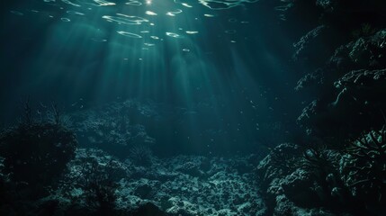 Fototapeta premium Underwater Sunbeams Illuminating the Ocean Floor