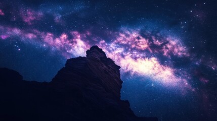Naklejka premium A towering cliff silhouette against a star-filled galaxy, with the Milky Way arching across the sky.