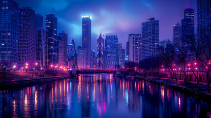 Fototapeta premium Vibrant city skyline at night with colorful lights reflecting on a calm river