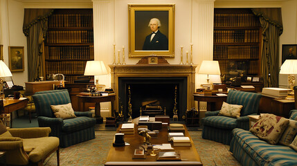 serene colonial living room featuring elegant furnishings, large portrait, and cozy atmosphere. room is well lit, showcasing bookshelves filled with books and classic fireplace
