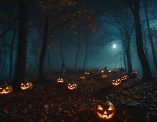 A haunted forest illuminated by a full moon, filled with glowing jack-o'-lanterns, eerie mist, and shadowy figures lurking between the trees, creating a spooky Halloween night atmosphere ex skeleton