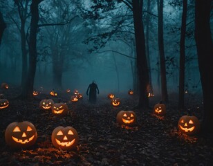 A haunted forest illuminated by a full moon, filled with glowing jack-o'-lanterns, eerie mist, and shadowy figures lurking between the trees, creating a spooky Halloween night atmosphere ex skeleton