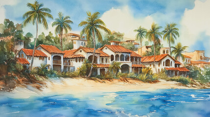 watercolor painting of a tropical beach scene. It features a row of charming houses with reddish roofs, surrounded by lush palm trees and soft greenery. A calm blue ocean is depicted in the foreground