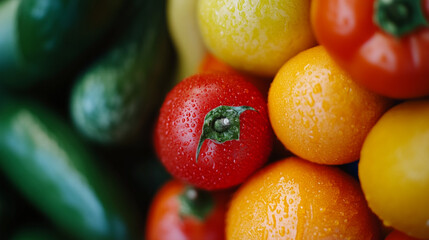 Fresh vegetables and fruits with droplets on a vibrant display at a market