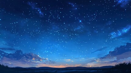 Fototapeta premium A twilight sky transitioning from blue to deep indigo, scattered with the first stars of the galaxy emerging above the horizon.