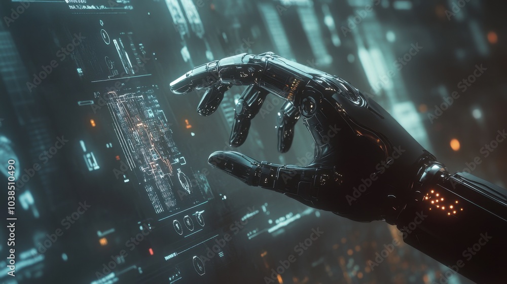 Poster a robotic hand controlling a holographic interface, surrounded by glowing data and icons, symbolizin