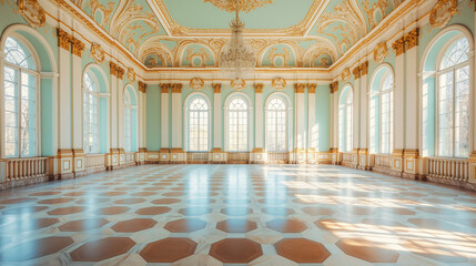 Obraz premium Luxurious golden palace ballroom with ornate decorations and sunlight streaming through large windows