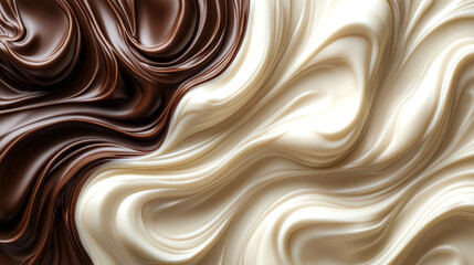 Abstract background of white and dark chocolate swirls.