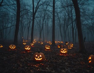 A haunted forest illuminated by a full moon, filled with glowing jack-o'-lanterns, eerie mist, and shadowy figures lurking between the trees, creating a spooky Halloween night atmosphere ex skeleton