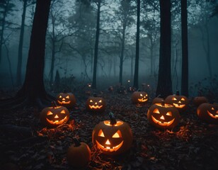 A haunted forest illuminated by a full moon, filled with glowing jack-o'-lanterns, eerie mist, and shadowy figures lurking between the trees, creating a spooky Halloween night atmosphere ex skeleton