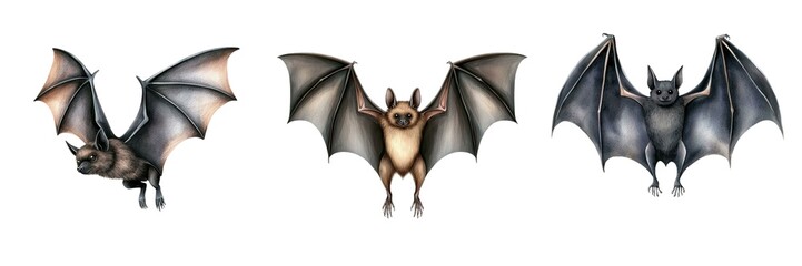 Three illustrated bats in different poses, showcasing their wings and features against a plain background.