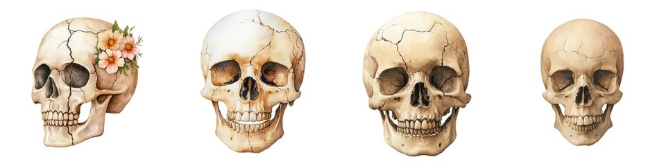 Obraz premium Four artistic skulls displayed sequentially, showcasing varying designs and textures, including floral elements and distinct features.