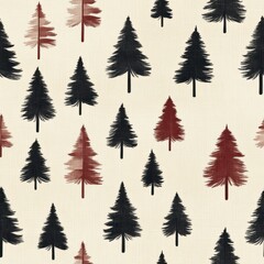 Obraz premium Vintage Christmas trees pattern on vintage beige fabric background, seamless repeating pattern, textile print style, minimal, holiday design, seamless tree pattern, home decor, textiles
