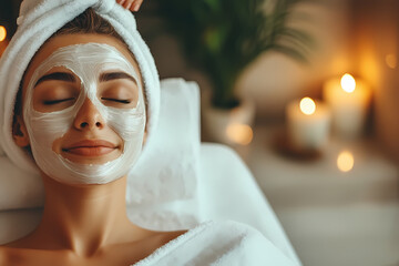 Woman in a beauty salon receiving face care treatments, showcasing skincare procedures like cleansing, exfoliation, and rejuvenating masks