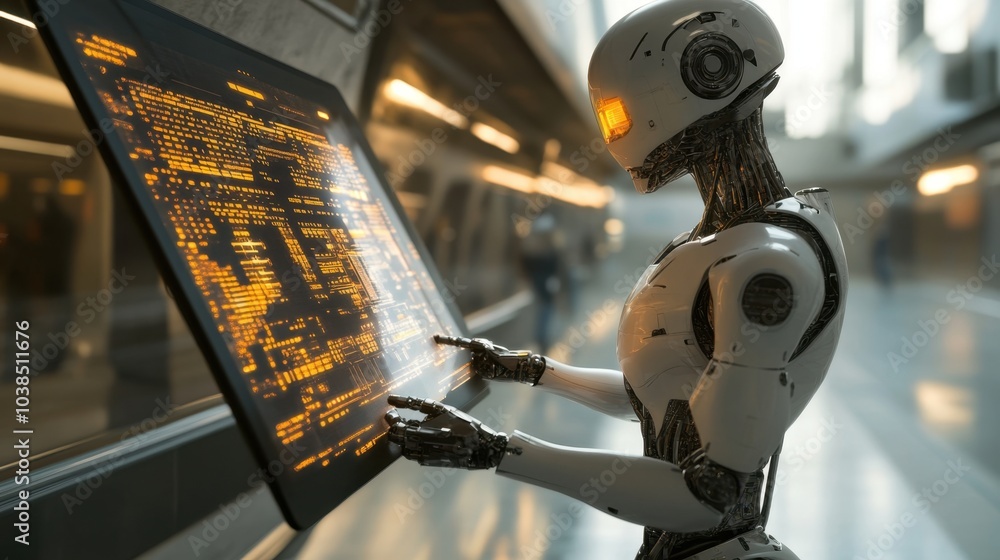 Poster a sleek robot engaging with a digital interface, operating advanced data systems in a futuristic set