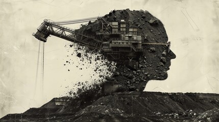 A surreal and thought-provoking image of a human head formed from coal with a large mining excavator extracting coal from its mind.