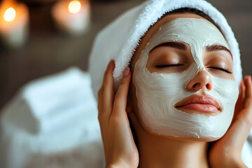 Woman in a beauty salon receiving face care treatments, showcasing skincare procedures like cleansing, exfoliation, and rejuvenating masks