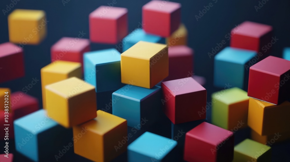Poster 3d render of geometric blocks on a dark background