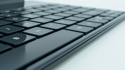 Close-up of a modern laptop keyboard with a sleek, black design, highlighting the layout and keys.