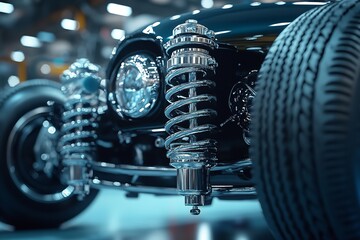 Fototapeta premium The car's suspension is visible and captured on camera. Generative Ai