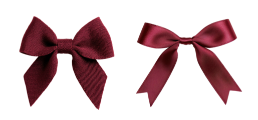 Two elegant maroon satin bows on a white isolated background.