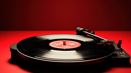 A vintage turntable spinning a vinyl record against a bold red background, evoking classic music vibes