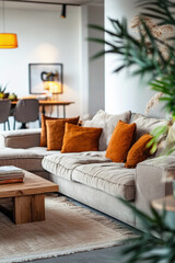 Fototapeta premium Cozy living room with white sofa and decorative knit pillows in brown autumn colors. Interior decor in autumn style.