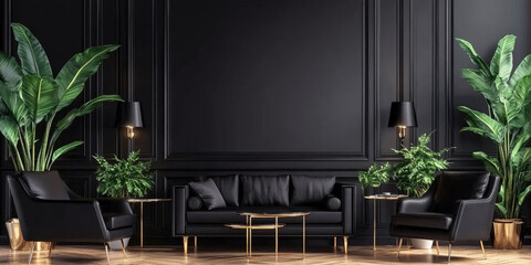 Fototapeta premium Modern living room. A luxurious living room interior with black walls, black leather furniture, and gold accents.