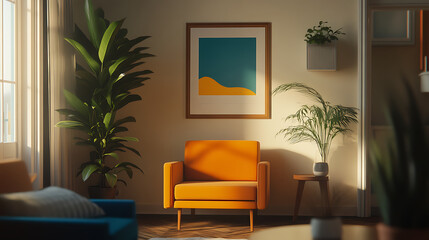 contemporary minimal living room featuring bold orange chair, lush green plants, and vibrant artwork on wall. warm sunlight creates cozy atmosphere, enhancing inviting space