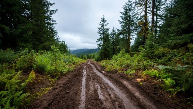 A muddy forest road surrounded by lush greenery and tall trees.