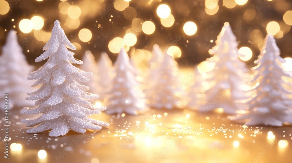 Poster a group of miniature snow-covered christmas trees with a bokeh effect in the background.