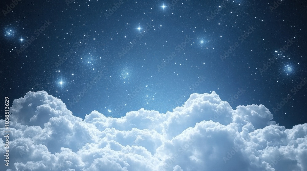 Poster abstract space sky with scattered stars and soft clouds illuminated by distant celestial light, crea