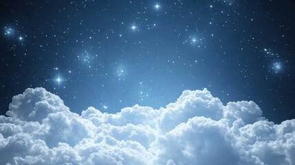 Abstract space sky with scattered stars and soft clouds illuminated by distant celestial light, creating a surreal atmosphere.