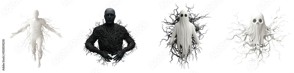 Aufkleber the image features four abstract humanoid figures, showcasing contrasting colors and styles, represe
