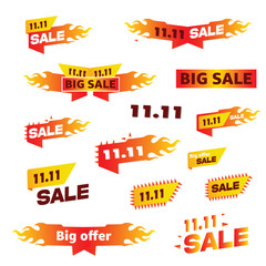 11.11 Sale Banner Set with Flaming Design, Big Offer, Promotional Discount, Vector Labels, Shopping Icons for Singles Day, Hot Sale Event, Bright Red and Yellow Flames, Marketing Template for Ads.