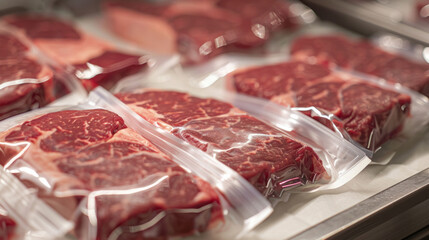 Vacuum-packed marbled beef displayed on an industrial meat counter, highlighting the freshness and quality of premium steaks.