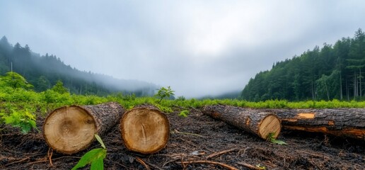 A misty forest landscape with cut logs and lush greenery. - Powered by Adobe