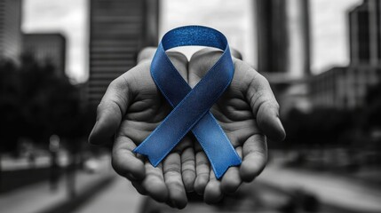 Blue ribbon held in caring hands, emphasizing a message of support.