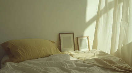 bright, minimal bedroom featuring cozy bed with soft yellow bedding and natural light streaming through sheer curtains, creating serene atmosphere